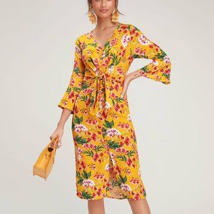 Lulus April Golden Yellow Floral Print Tying Button Front Midi Dress Size Medium